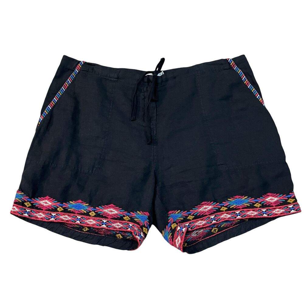 Johnny Was JWLA Etienne Linen Shorts Black Embroidered Utility Pocket Boho Black